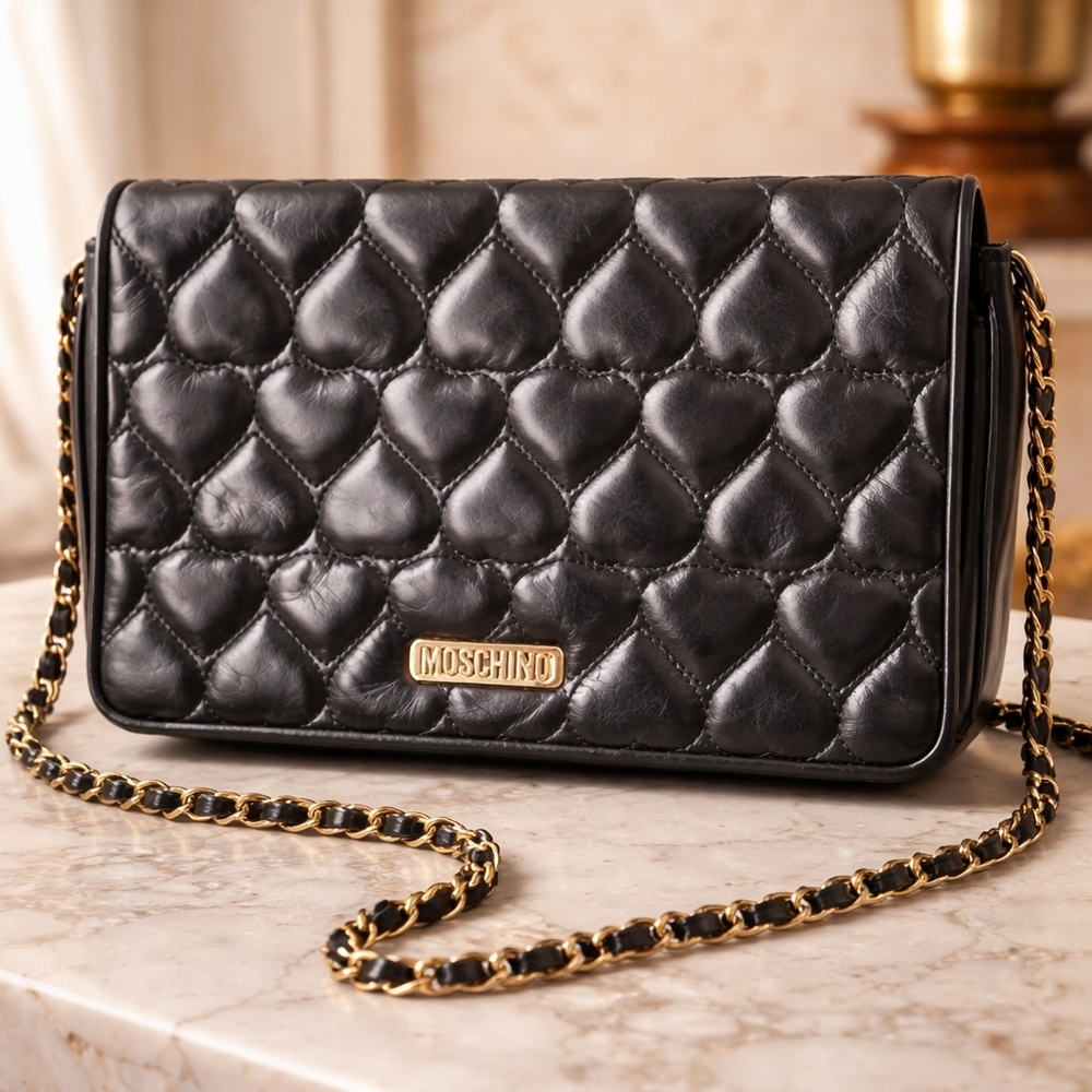 Moschino Heart Quilted Crossbody Bag – Black Leather – Like New💕